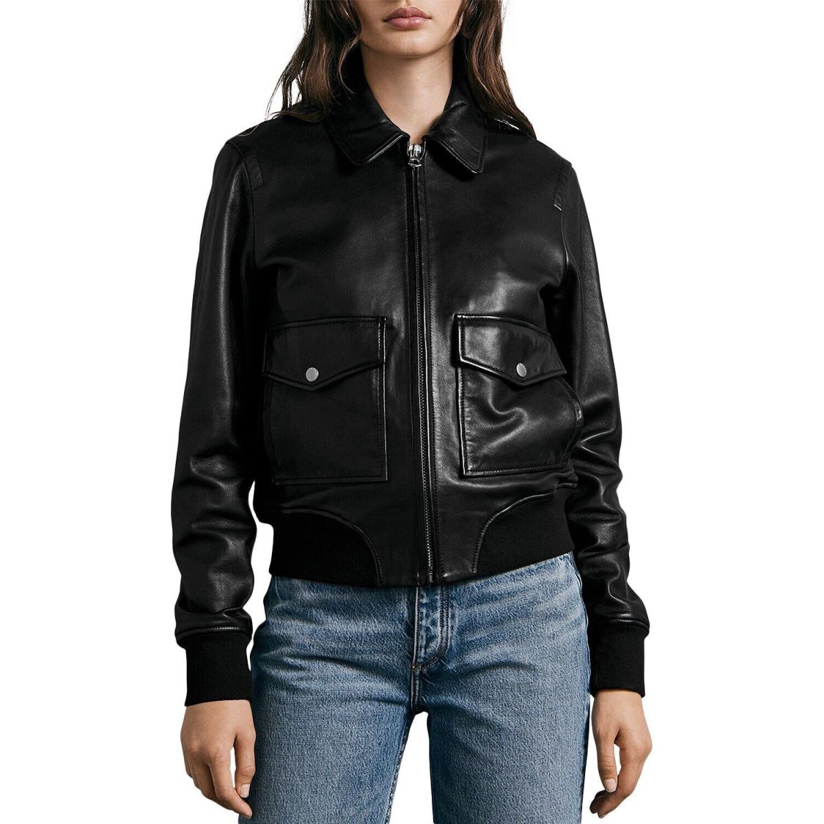 Rag Bone Women`s Icons Andrea Lamb Leather Jacket Black Xxs B4HP