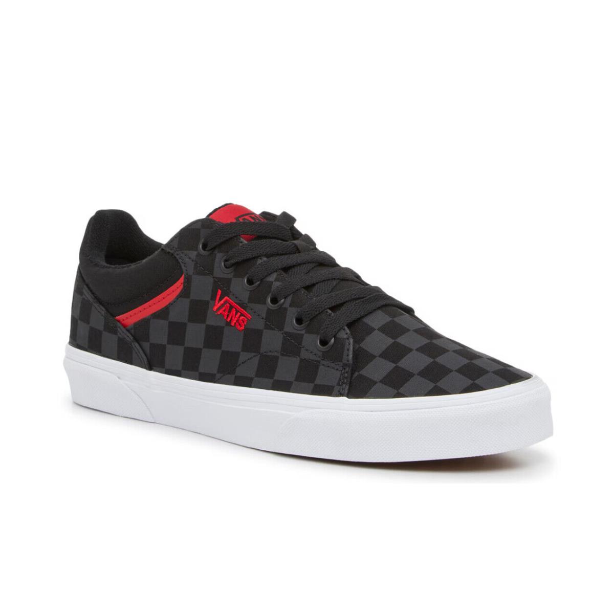 Mens Vans Seldan Black Dark Grey Checkerboard Print Canvas Sneaker Shoes - Black