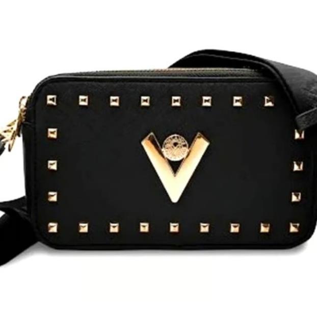 Valentino Orlandi Studded Double Zip Crossbody Camera Bag Purse Black