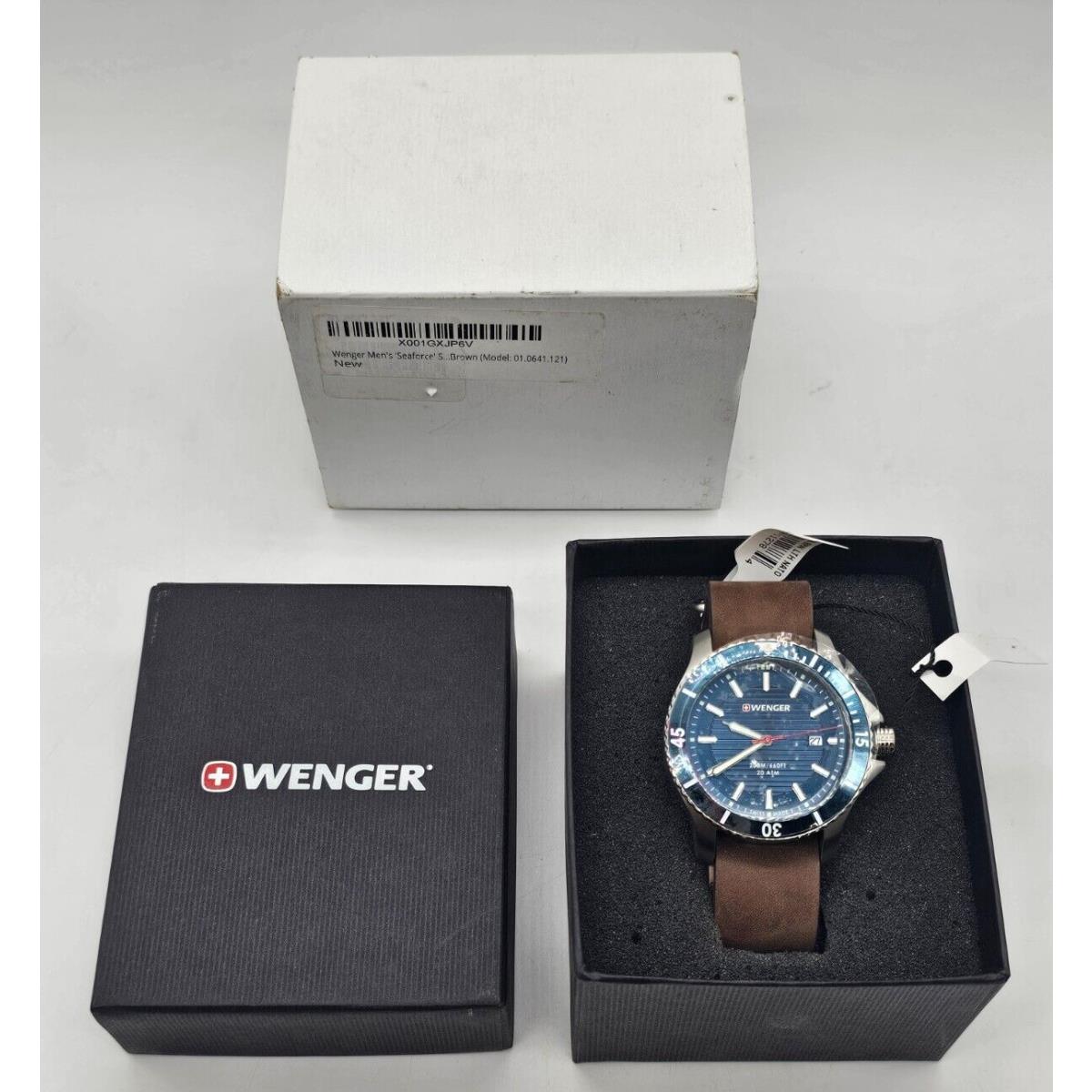 Men`s Wenger 01.0641.121 Seaforce Blue Dial Brown Leather Strap Dive Watch
