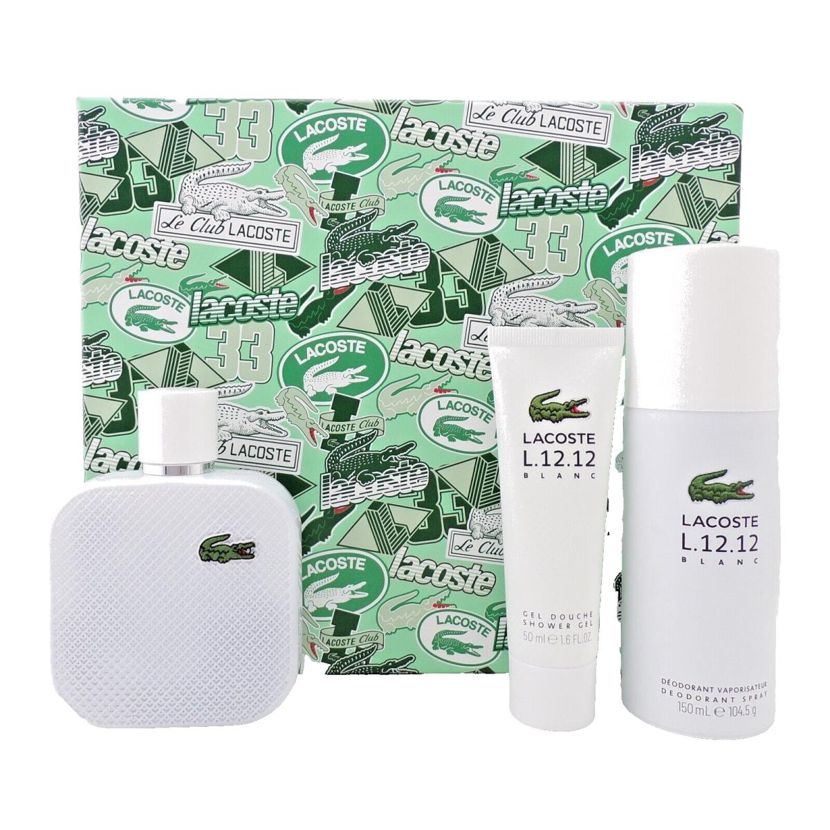 Lacoste L.12.12 Blanc 3.3oz Edt Spray+1.6oz SH/Gel+150ml Deo Spray Men`s Set