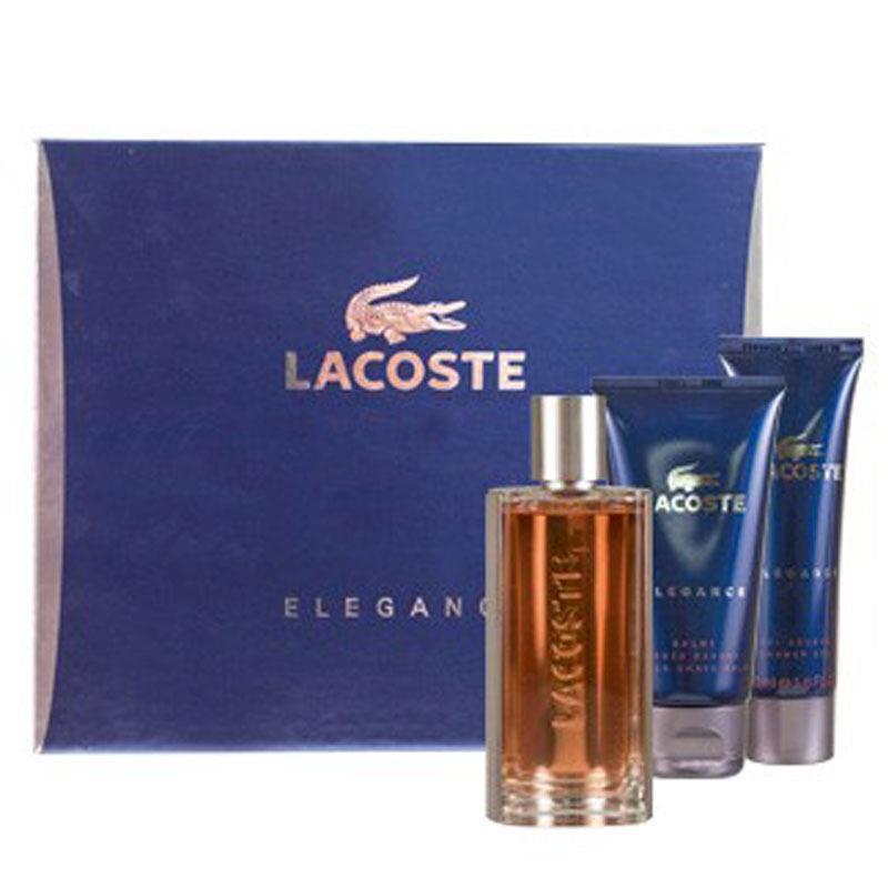 Lacoste Elegance 3 pc Set Men`s 3 oz Eau de Toilette 2.5oz Aftershave 1.6 oz Gel