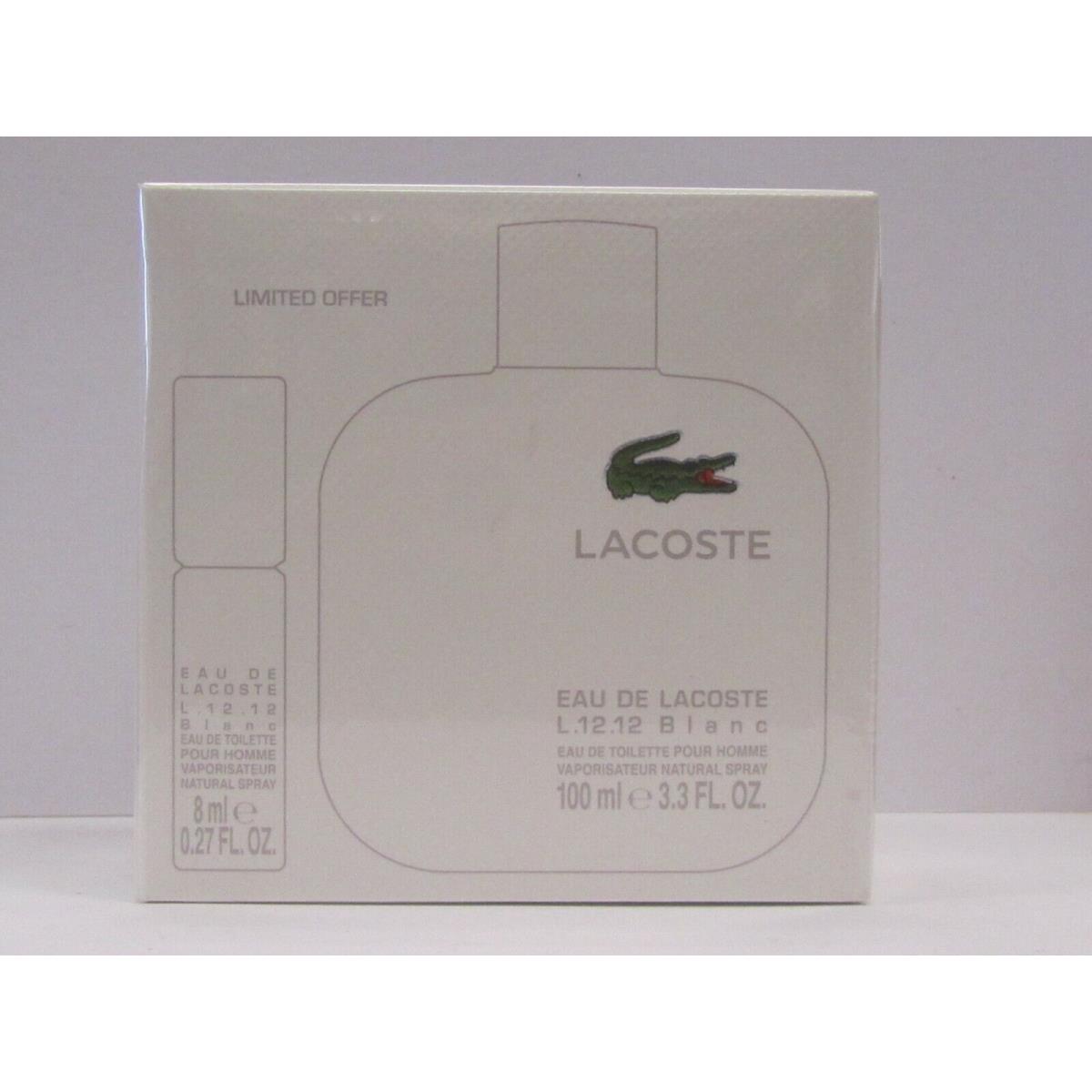 Eau De Lacoste L.12.12 Blanc White For Men Set 3.3 oz + 0.27 oz Edt Spray