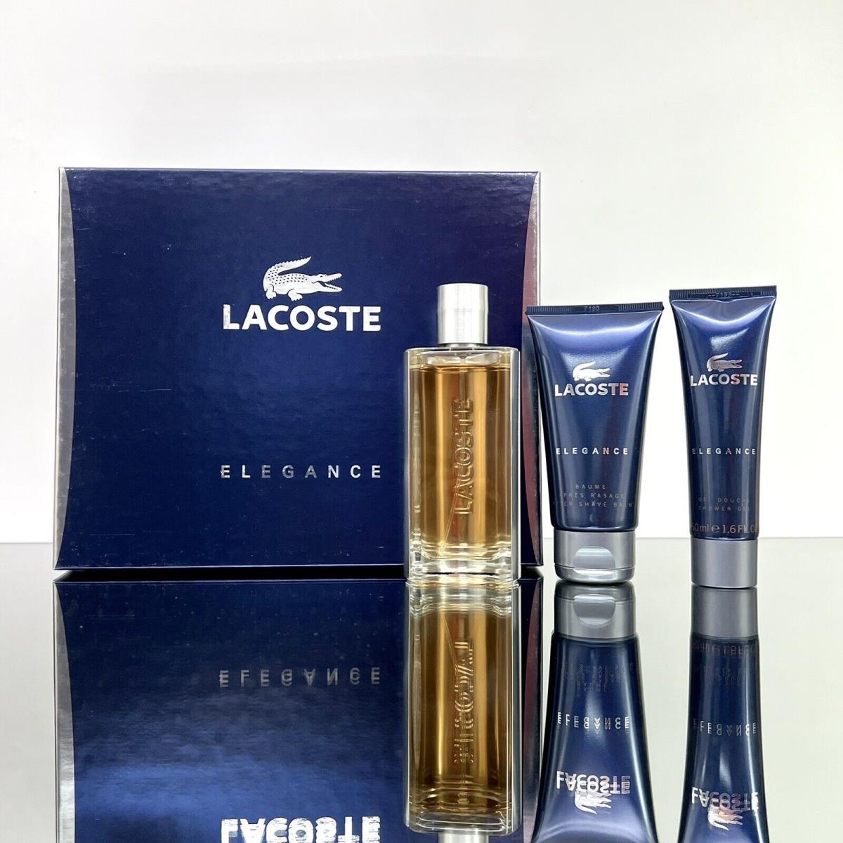 Lacoste Elegance Men 3pc Set 3.0oz Edt + 2.5oz A/shave Balm + 1.6oz S/g A03