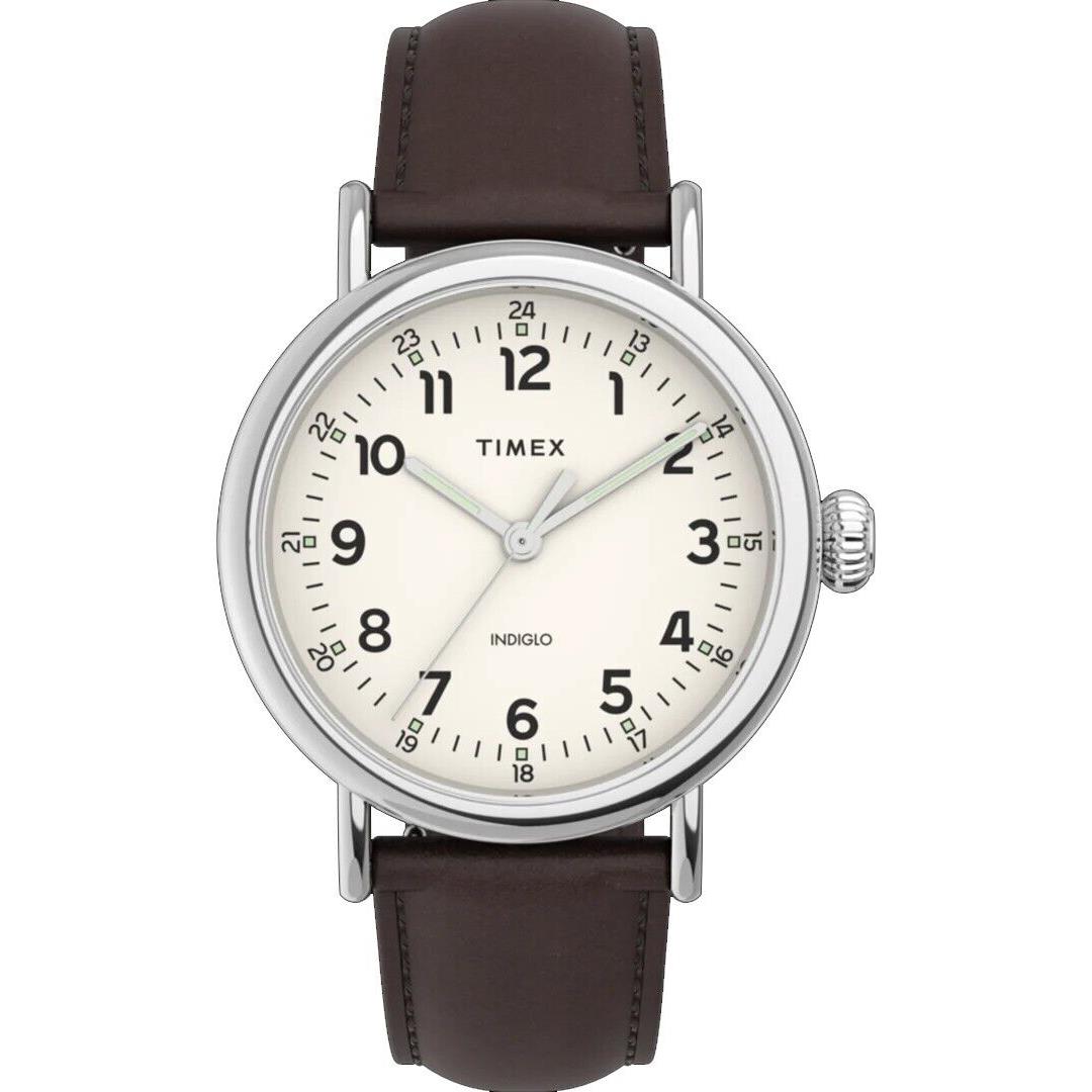 Timex TW2V27800 Men`s Standard Indiglo Brown Leather Strap Cream Dial Watch - Dial: Beige, Band: Brown, Bezel: Silver