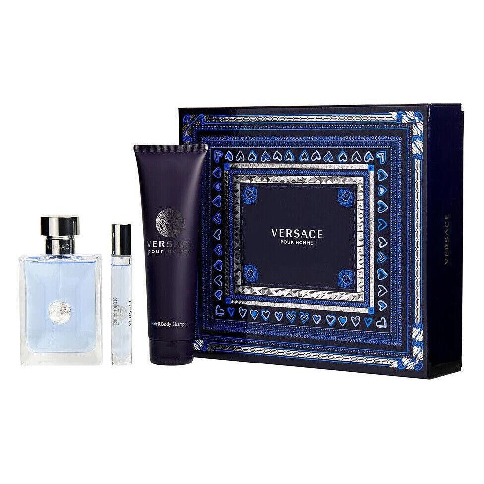 Versace Pour Homme Men 3 Pcs Set 3.4 oz 0.33 oz Edt Spray 5.0 oz Shampoo