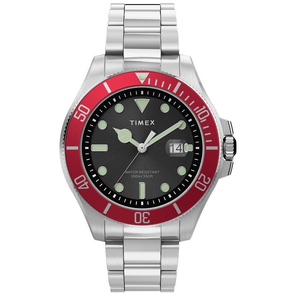 Timex TW2U41700 Men`s Harborside Stainless Steel Black Dial Red Bezel 100M Watch - Dial: Black, Band: Silver, Bezel: Red