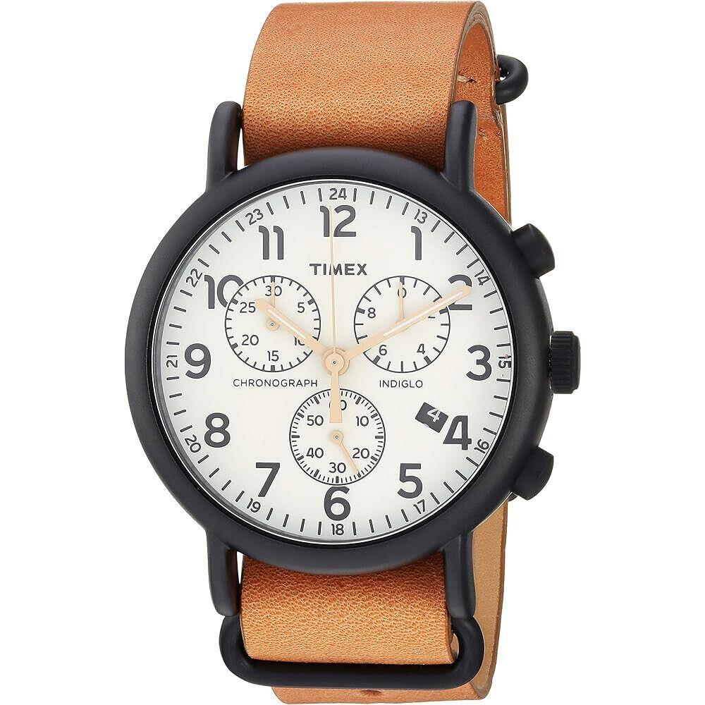 Timex Men`s Weekender Chronograph Indiglo 40MM Case Cream Dial Tan Band Watch