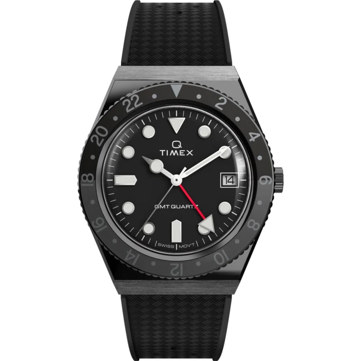 Timex Men`s Watch Q Gmt Quartz Black Dial Synthetic Rubber Strap Date TW2V38200