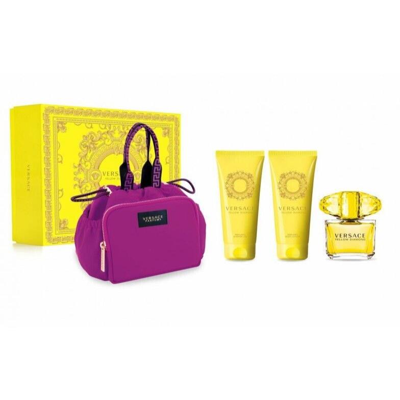 Versace Yellow Diamond Women 3.0 Oz Edt Spray Lotion Shower Gel Bag 4 Pc Set