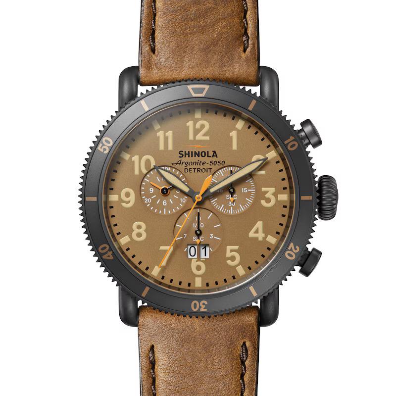 Shinola Runwell Chronograph 48mm Brown Dial Leather Strap Watch S0120273231
