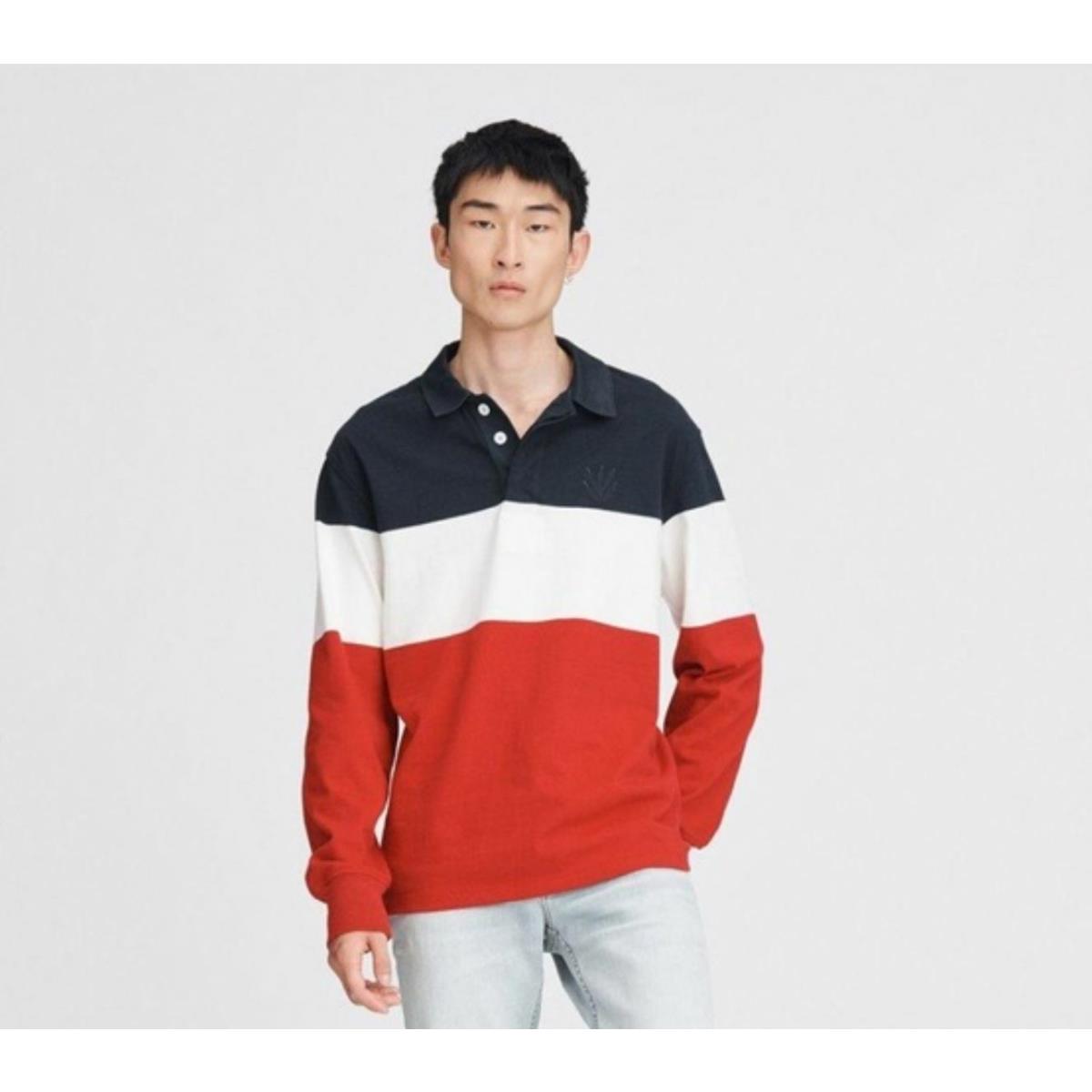 sz M Rag Bone Men`s Rugby Polo Red White Blue Stripe Daggers Long Sleeve