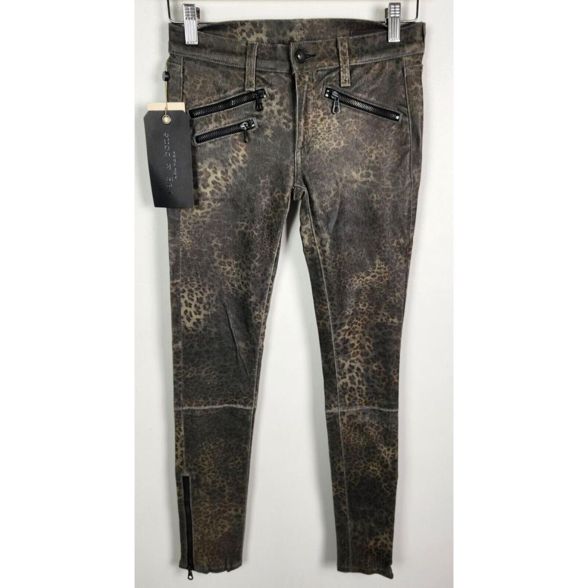 Rag Bone Women`s Sz. 25 Lambskin Leather Animal Leopard Print Zipper Skinny Pa