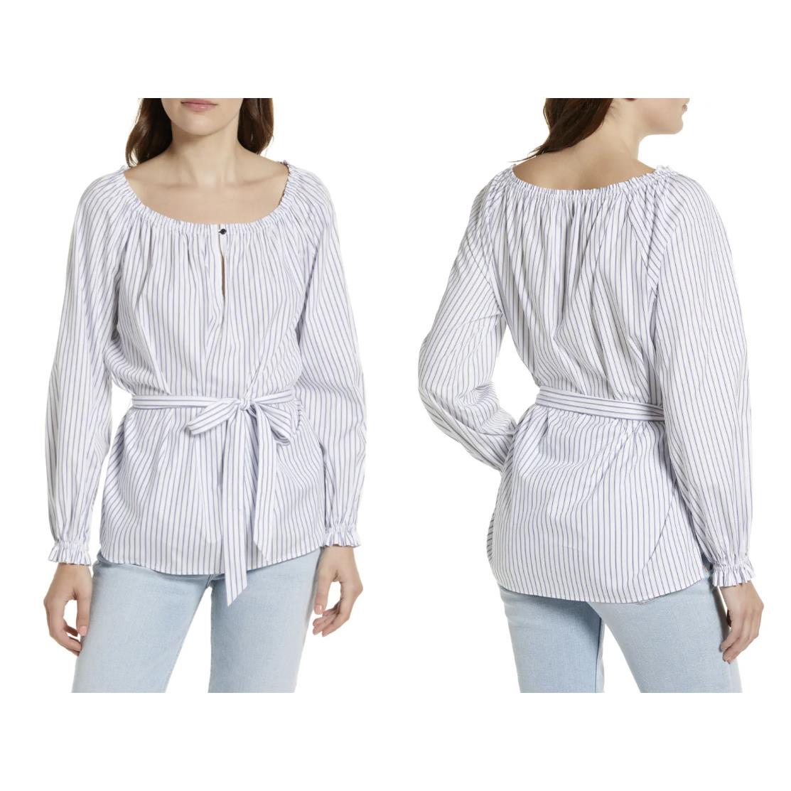 Rag Bone Women Sierra Stripe Belted Long Sleeve Off Shoulder Blouse M