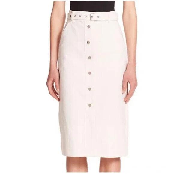 Rag Bone Size 10 White Branson Belted Button Front Denim Midi Skirt