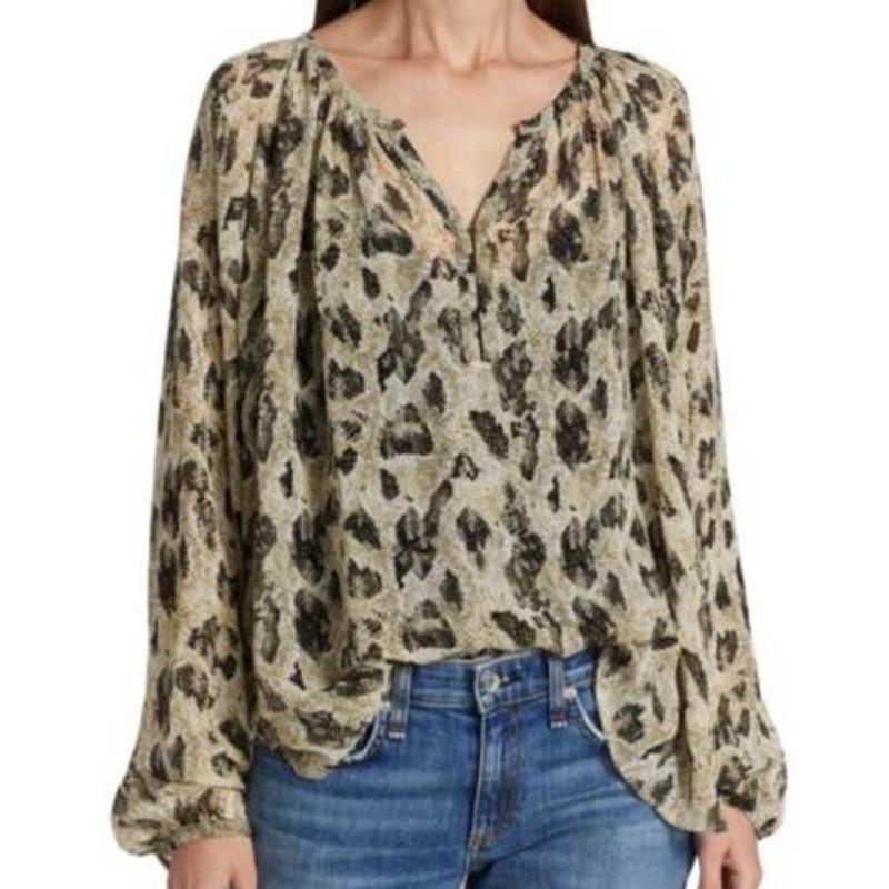 Rag Bone Yuni Snake Print Blouse Light Green Size Xxs Sheer Long Sleeve