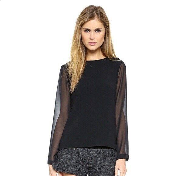 Rag Bone Black Long Sleeve Blouse Sheer Sleeves Wide Neck Large