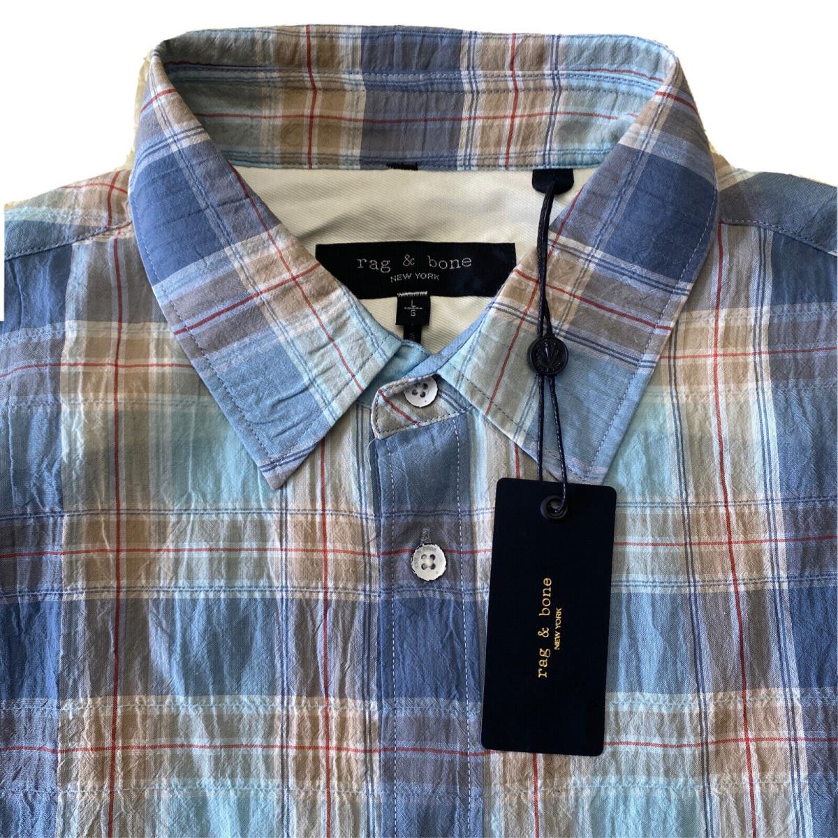 Rag Bone Gus Blue Plaid Crinkle Button Up Men s Shirt Sz L TH