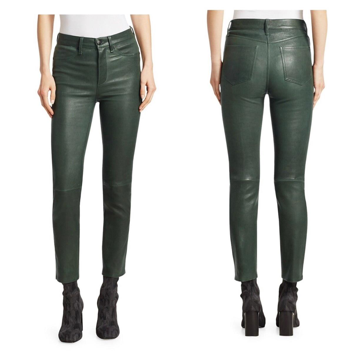 Rag Bone Ankle Skinny Leather Cigarette Pants In Bottle Green Size:26