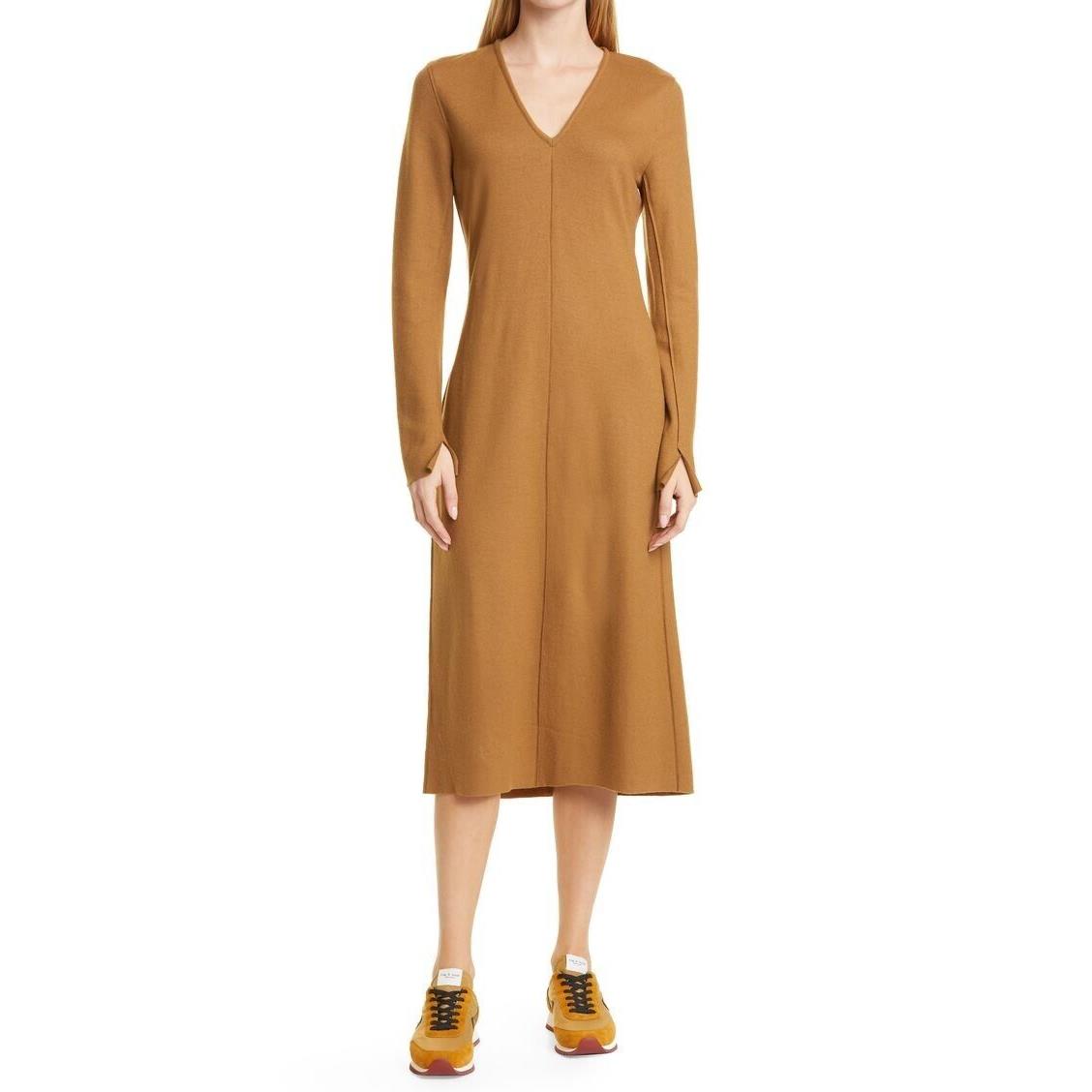 Rag Bone Yan V-neck Long Sleeve Wool Maxi Dress Camel Xxs