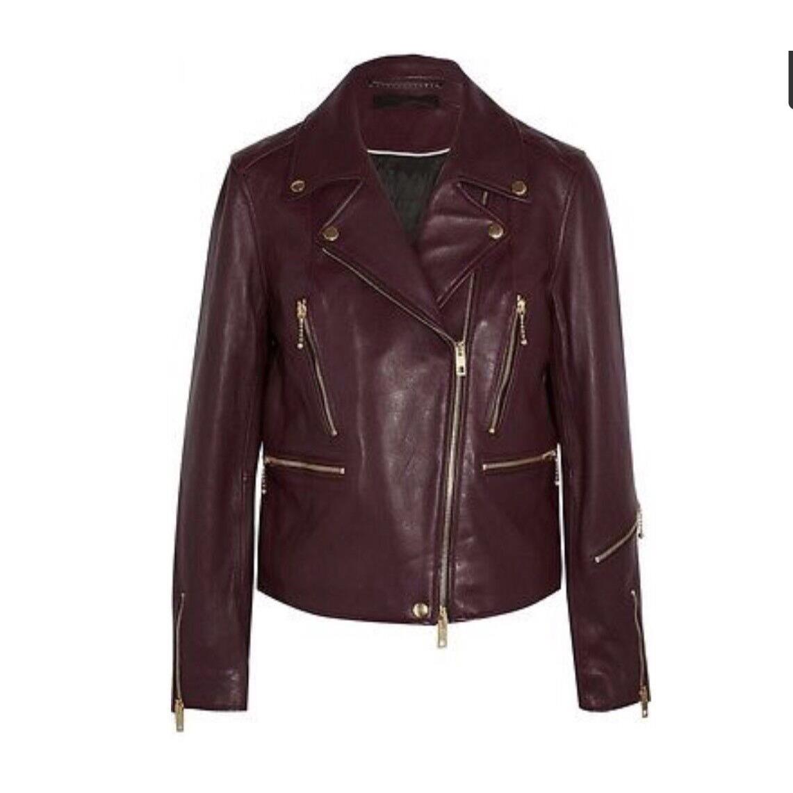 Rag Bone Women`s Burgundy Port Arrow Biker Leather Jacket Size 2