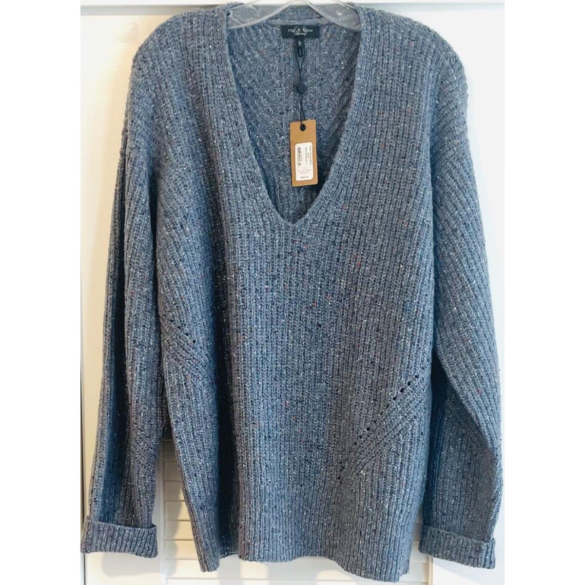 Rag Bone Women`s Eco Donegal V-neck Chunky Knit Sweater Blue L