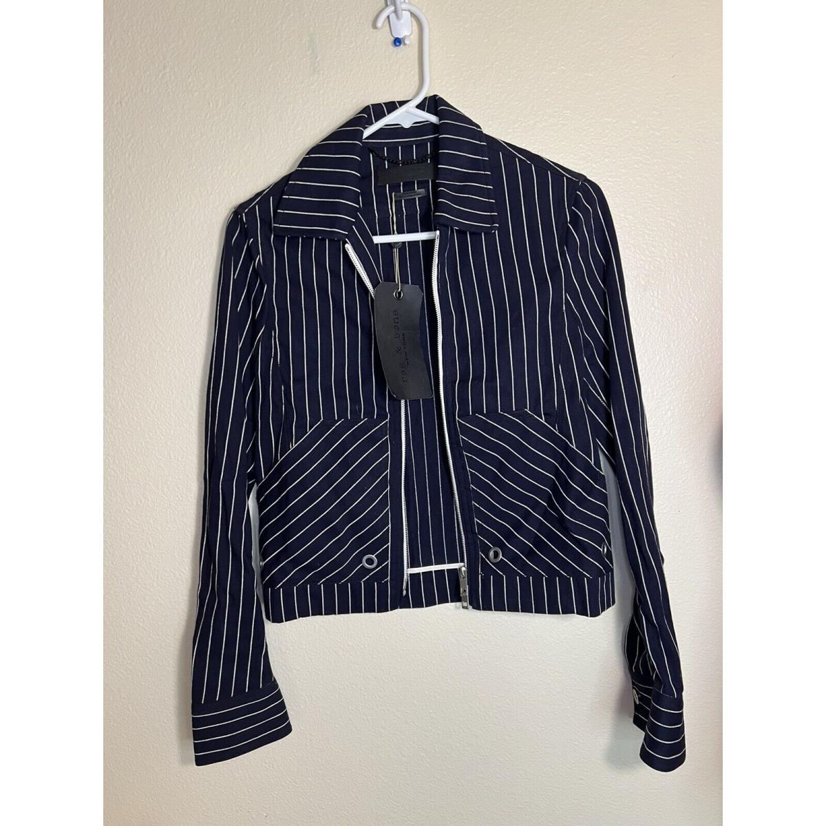 Rag Bone Women Harris Striped Navy / Ivory Full Zip Up Jacket Size 00