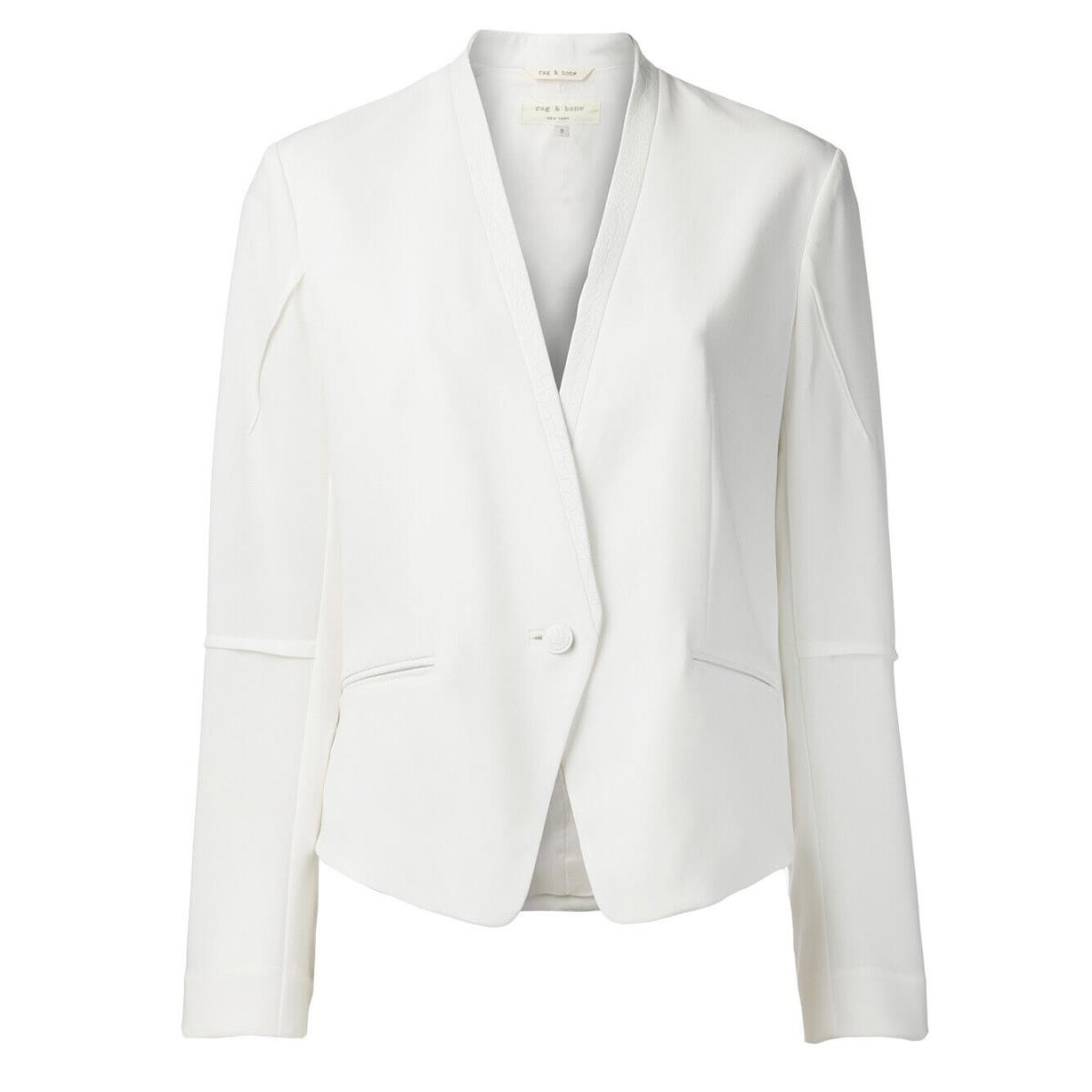 Rag Bone Women`s White Pascal Darted Leather Trim Blazer Size 8