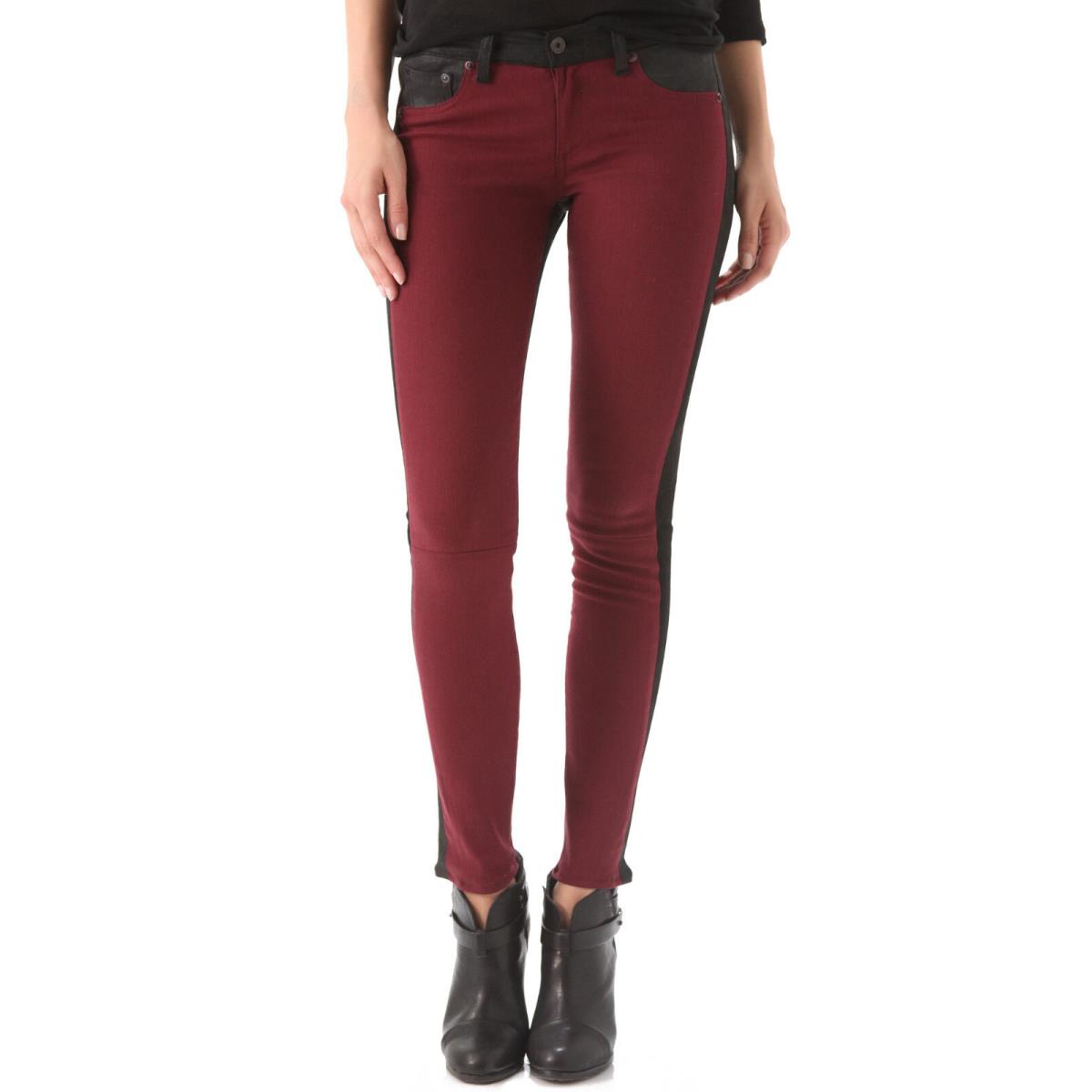 SZ 24 Rag Bone Burgundy Jekyll Leather Suede Trim Legging Jeans Pants