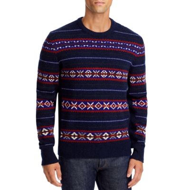 Rag Bone Men`s Wesley Fairisle Sweater Navy Blue/orange/white Knit Size S