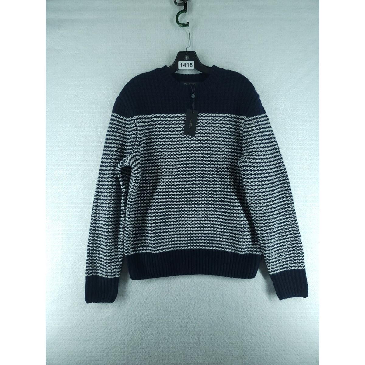 Rag Bone Men`s Erine Stripe Wool Crew Neck Sweater - Navy Size Small