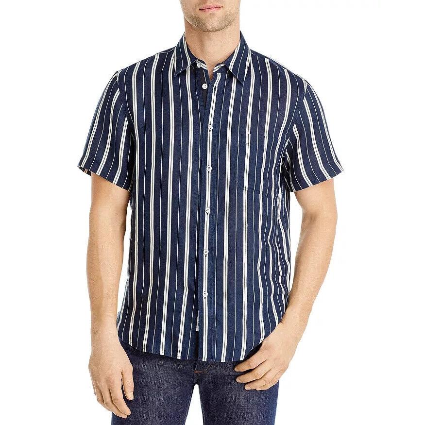 Rag Bone L61610 Mens Navy Gus Striped Linen Button Down Shirt Size Medium