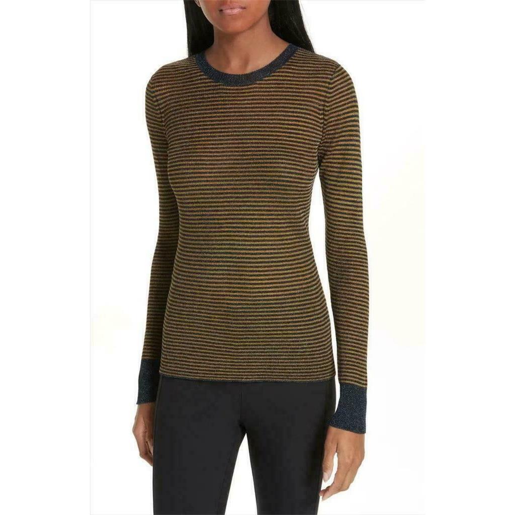 Rag Bone Raina Navy Blue Gold Metallic Stripe Crew Sweater Womens XS