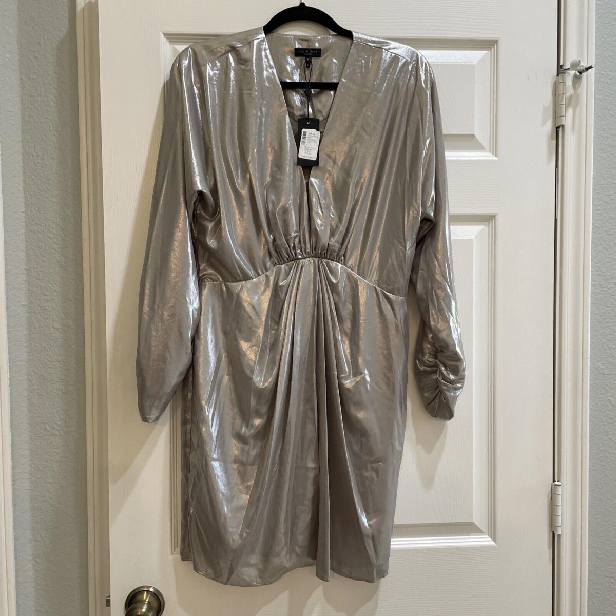 Rag Bone Women s Eloise Silver Metallic V-neck Pleated Mini Dress Sz 8