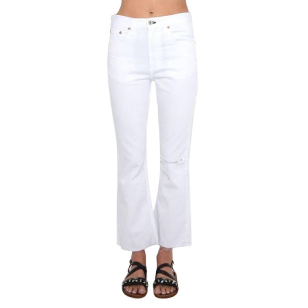 Rag Bone Women Crop Jeans with Holes Cotton Blend White Ladies Flare Denim