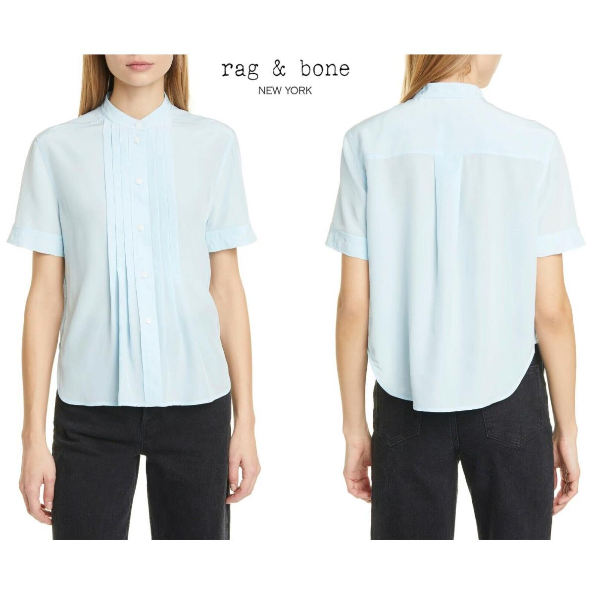 Rag Bone Sarah Button Front Pleated Silk Ice Blue Blouse. SZ S