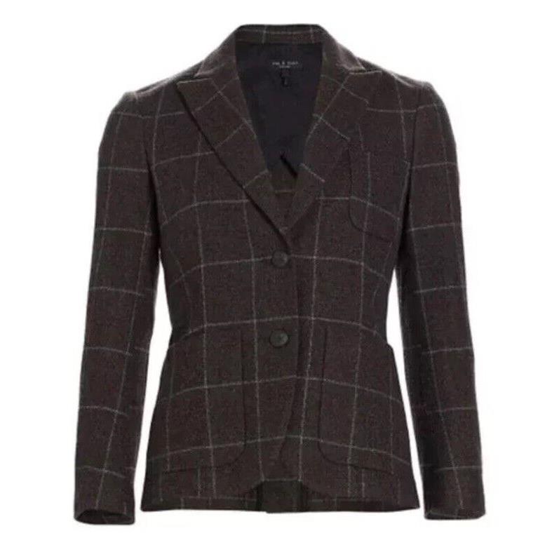 Rag Bone Brown Windowpane Nancy Blazer Plaid Wool Brown Teal Size 2