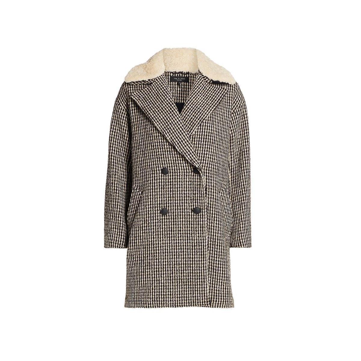 Rag Bone Mina Shearling-trimmed Houndstooth Wool-blend Coat L C3569