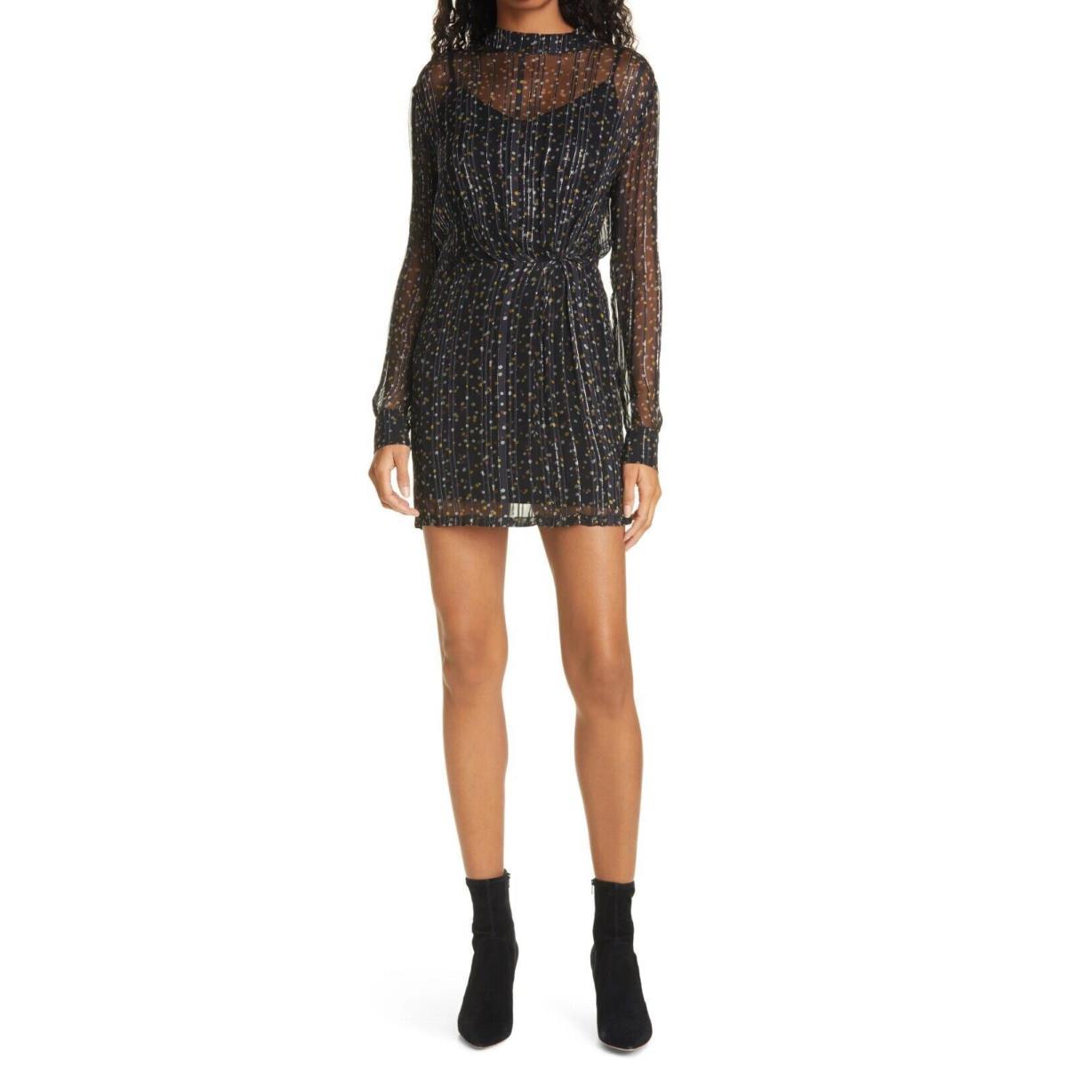 Rag Bone Lyla Long Sleeve Women`s Mini Dress in Metallic Black Multi Size 14