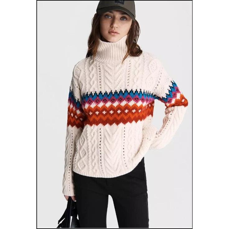 sz Large Rag Bone Sweater Turtleneck Willow Fairisle Cream Wool Knit