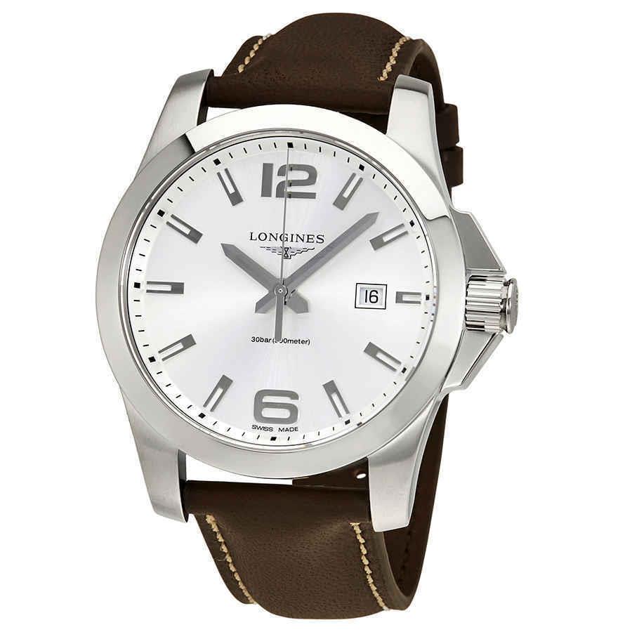 Longines Conquest Silver Dial Brown Leather Men`s 43mm Watch L37604765