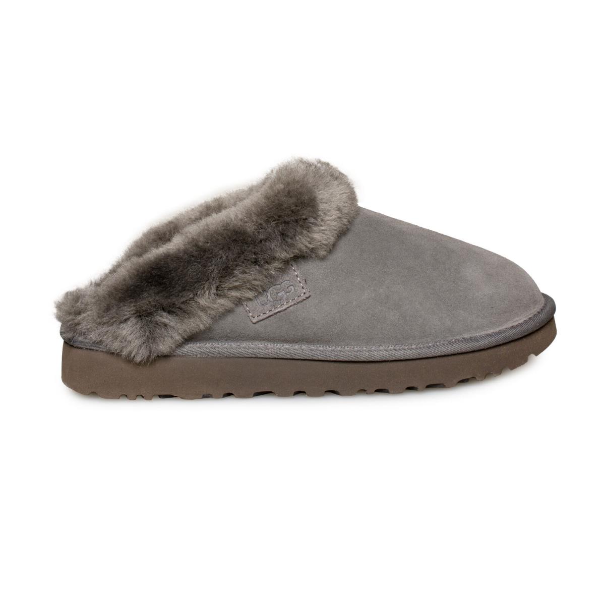 Ugg Cluggette Charcoal Suede Sheepskin Collar Women`s Slippers Size US 7