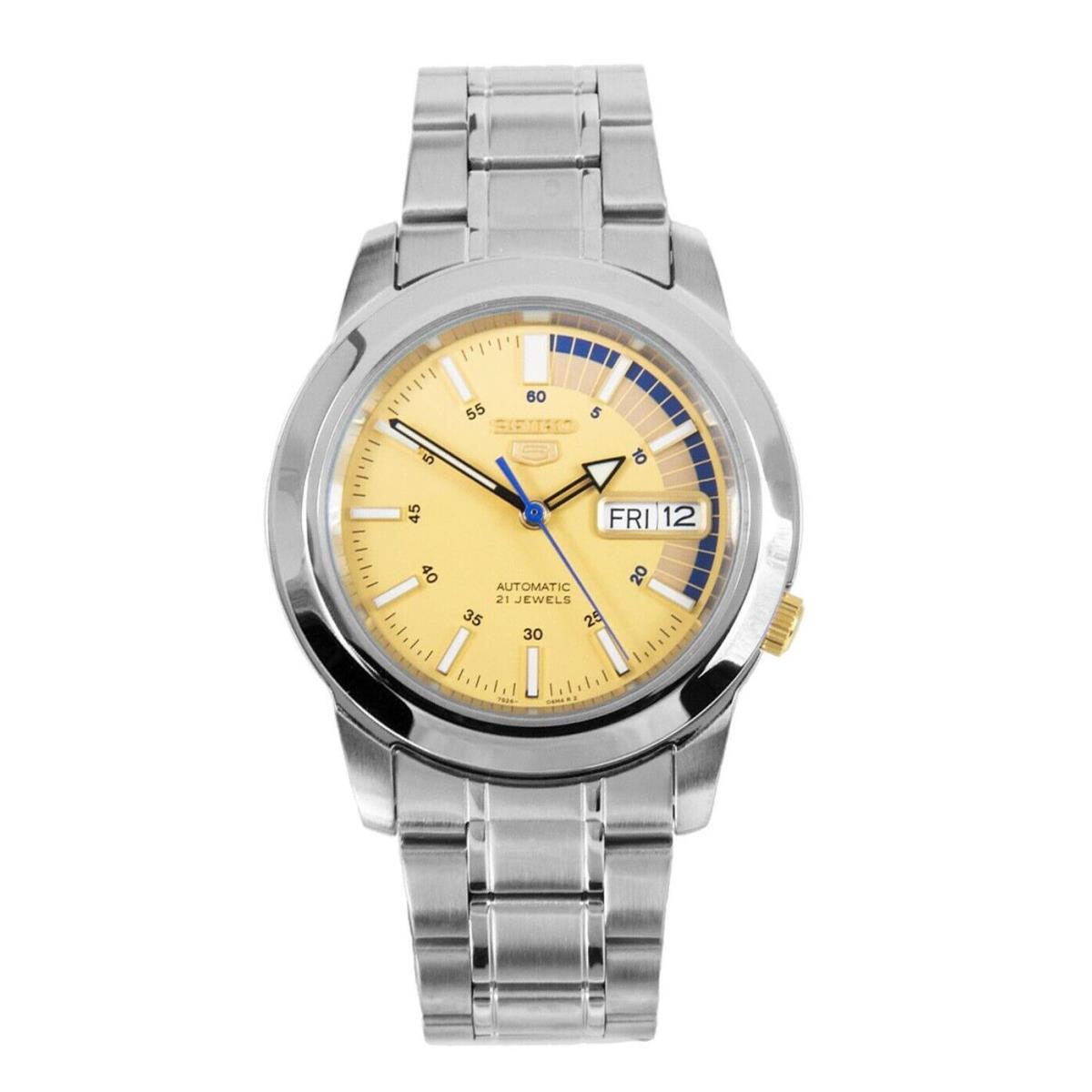 Seiko 5 SNKK29 Men`s Stainless Steel Yellow Dial Day Date Automatic Watch