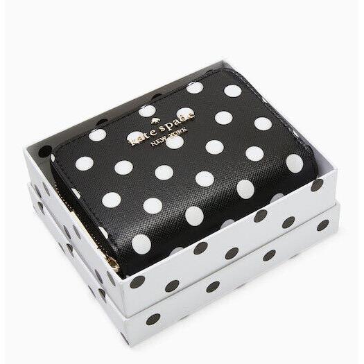 Kate Spade Cheers Boxed Small Zip Around Card Case K7238 Black Charming Dots