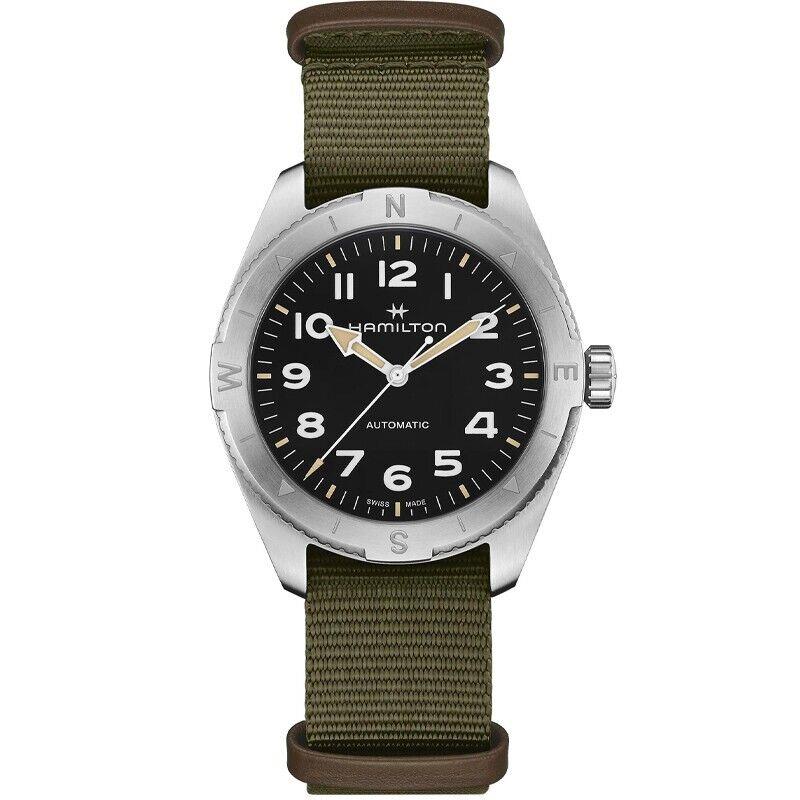 Hamilton Khaki Field Auto 41MM Black Dial Men`s Watch H70315931 - Dial: Black, Band: Green, Bezel: Silver