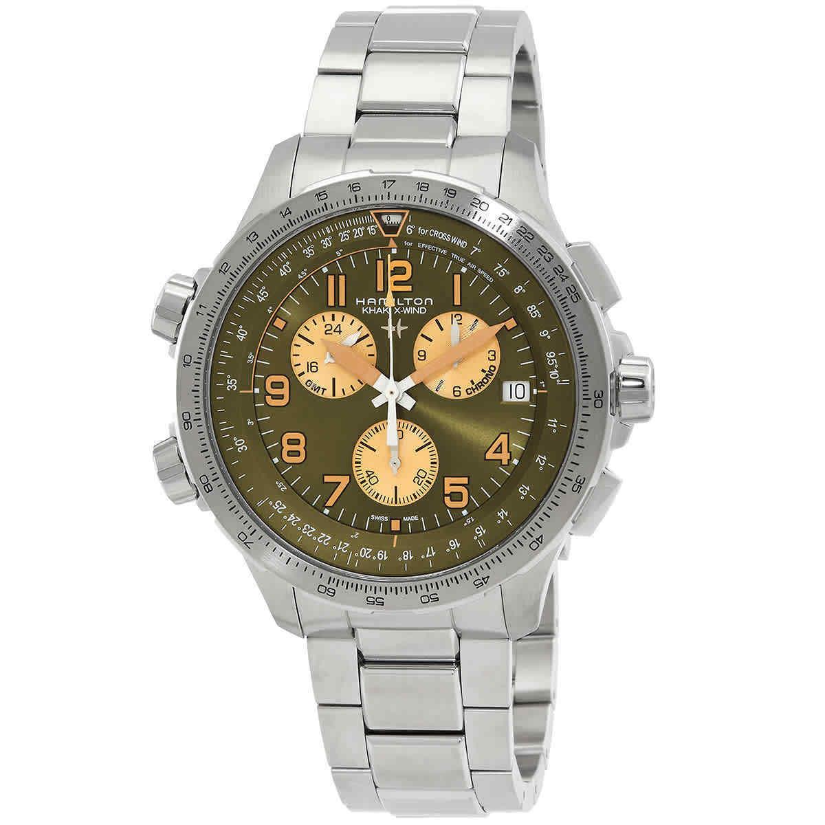 Hamilton Khaki Aviation Chronograph Gmt Quartz Green Dial Men`s Watch H77932160 - Dial: Green, Band: Silver, Bezel: Silver