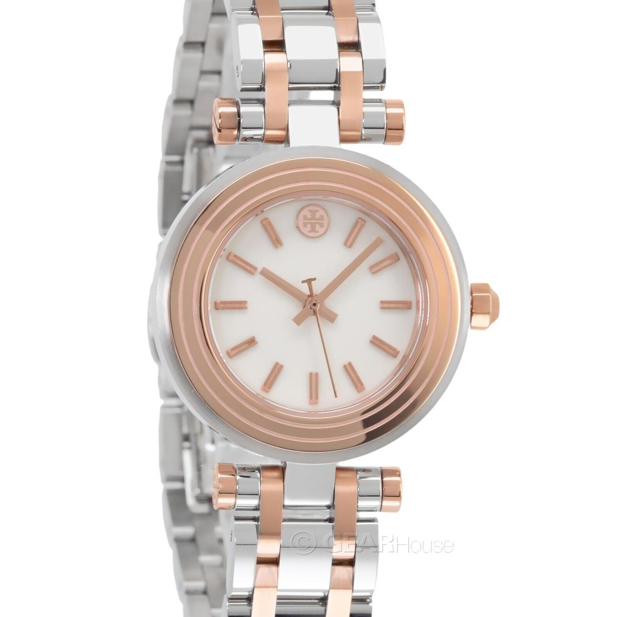 Tory Burch Womens Classic T Dress Watch White Dial Two Tone Silver Rose Gold - Dial: White, Band: Rose Gold, Silver, Bezel: Rose Gold