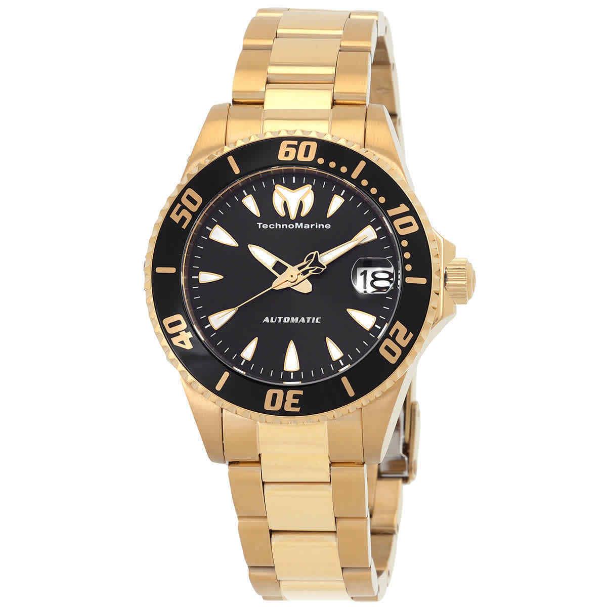 Technomarine Manta Automatic Black Dial Men`s Watch TM-219082 - Dial: Black, Band: Gold-tone, Bezel: Gold-tone