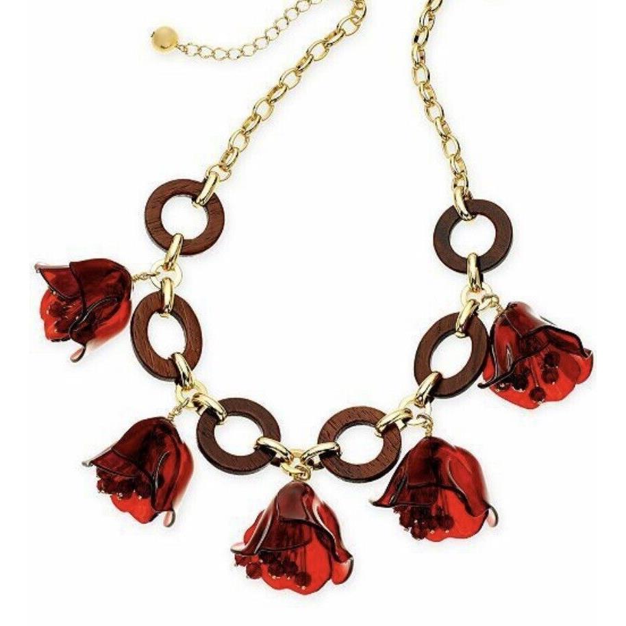 Kate Spade Slice of Stone Floral Statement Necklace Red Gold Wood 182K