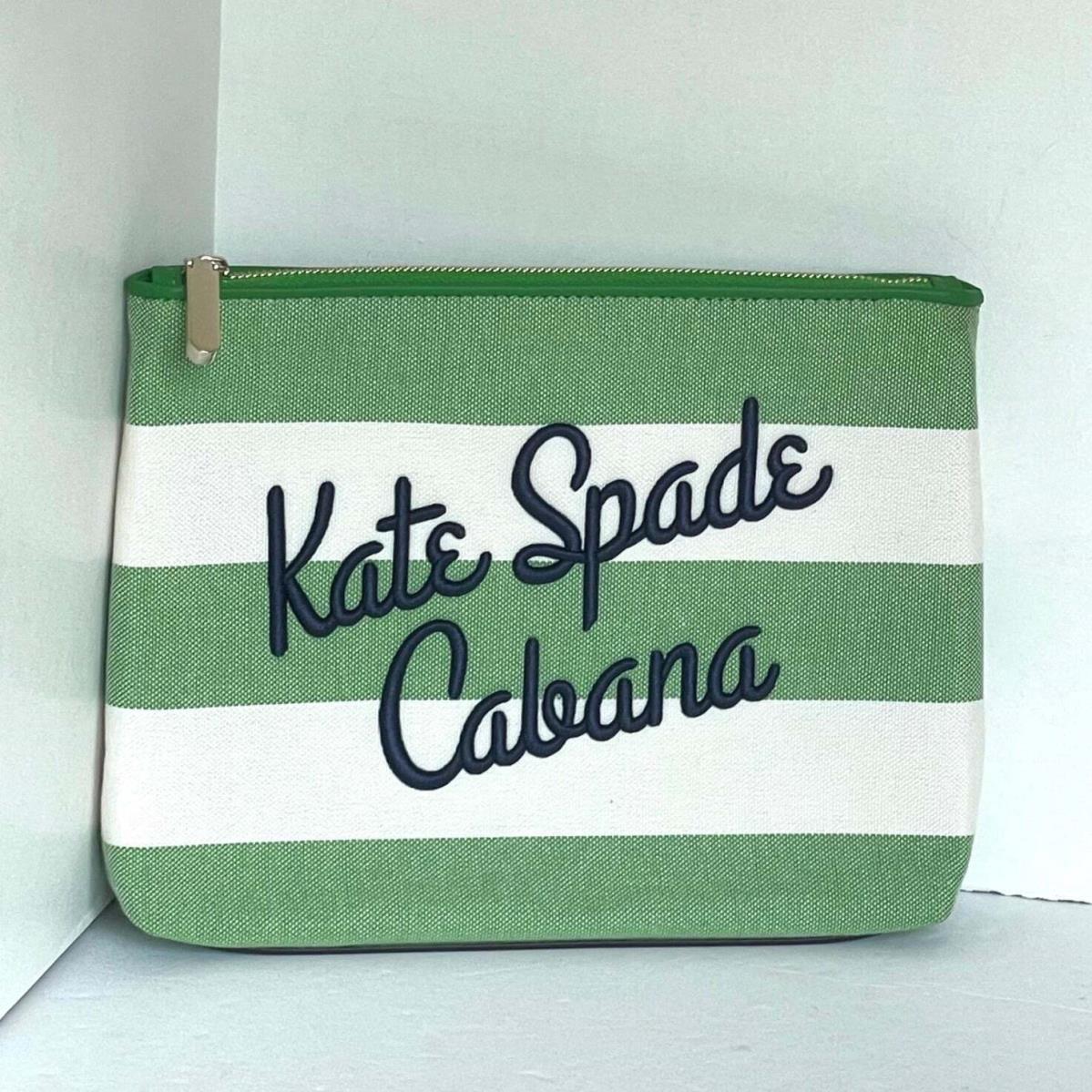 Kate Spade Cabana Canvas Pouch Medium Green Stripe Semi Structured Top Zip